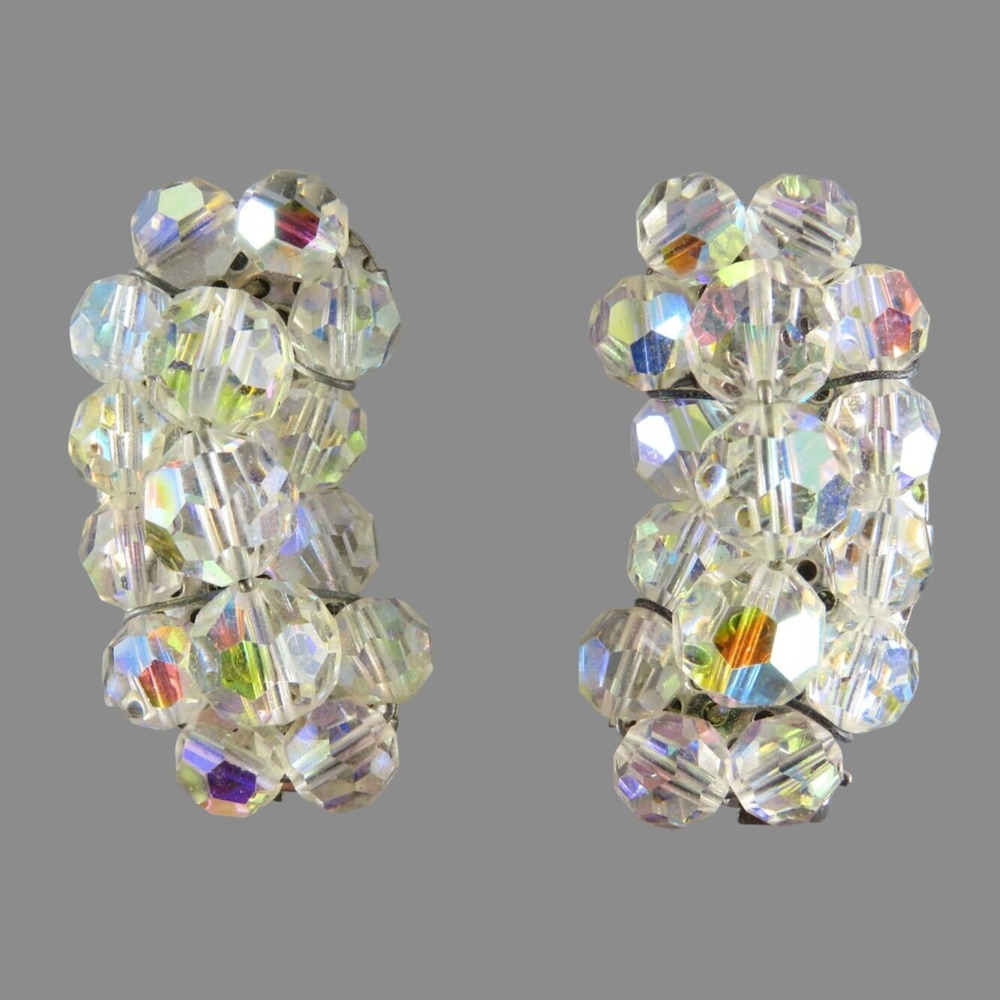 Vintage CLEAR AB CRYSTAL BEADS Beaded Cluster CLIP-ON EARRINGS Curved Shape